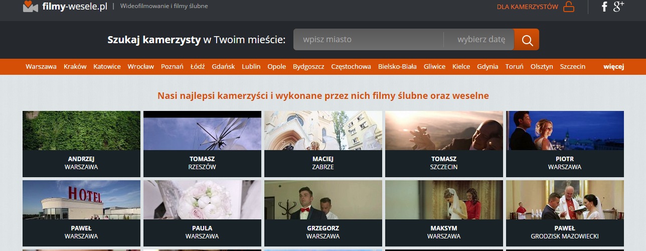 Wyszukiwarka portalu filmy-wesele.pl, gdzie można znaleźć oferty filmowców ślubnych z całej Polski