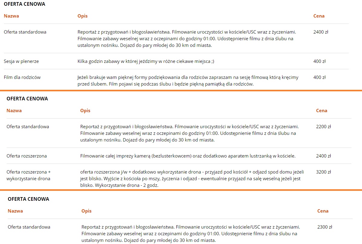 Przykładowy cennik kamerzystów ślubnych na portalu filmy-wesele.pl