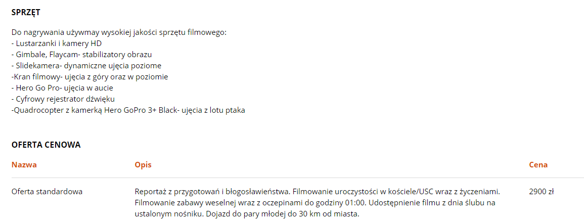 Oferta i sprzęt - nowoczesny film ślubny