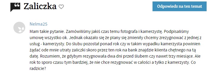 pytanie na forum o zaliczkę za usługi kamerzysty